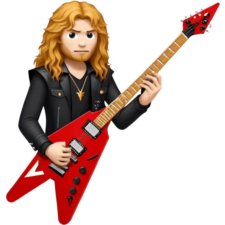 Create a bold and dynamic emoji representing the Epiphone Dave Mustaine Flying V Custom electric guitar. The design should feature the sharp, iconic V-shaped body of the guitar, with a custom finish reflecting Dave Mustaine’s signature style. Add intricate details like gold or chrome tuning pegs and pickups, with subtle graphics or patterns that reflect the aggressive, heavy metal aesthetic. Use a color palette of black, gold, and red, with a touch of metallic sheen for the high-end finish. The background should be transparent to emphasize the guitar's iconic shape emoji