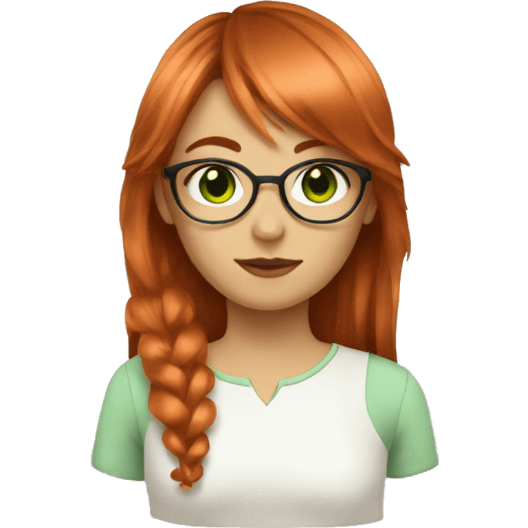 a girl with copper hair and green eyes with bang and glasses emoji