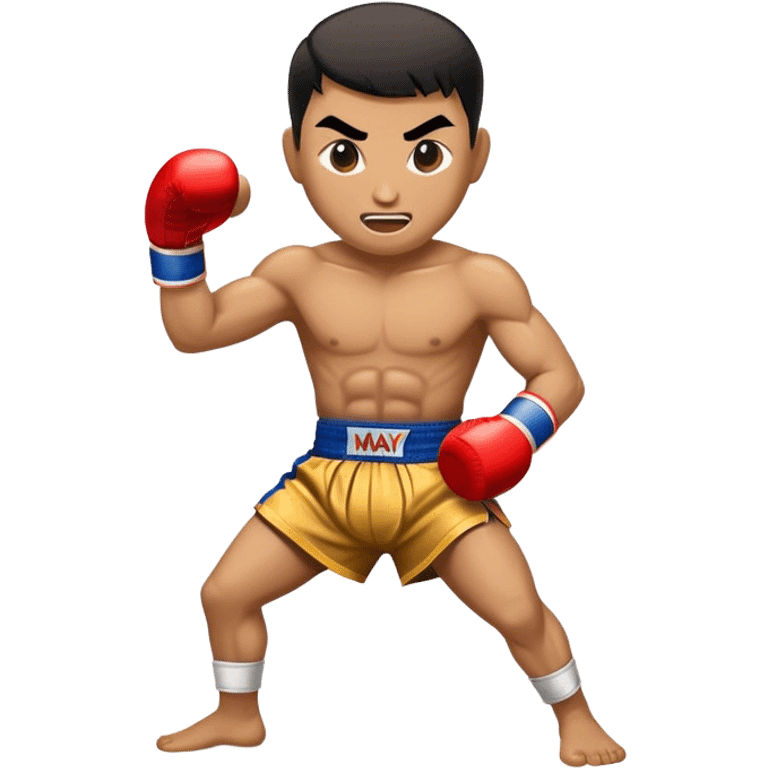 Cinematic Realistic Muay Thai Pop Culture Emoji, depicted with an action-packed portrayal of traditional Thai boxing rendered with bold textures and energetic, dramatic lighting. emoji