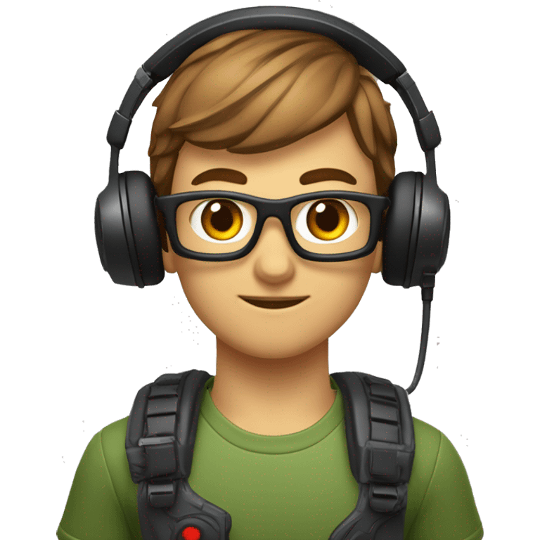 Gamer mit Glatze, schwarzes Headset mit schwarz-grünen Katzenohren, kurzer rot-brauner Vollbart, grau-blaue Augen emoji