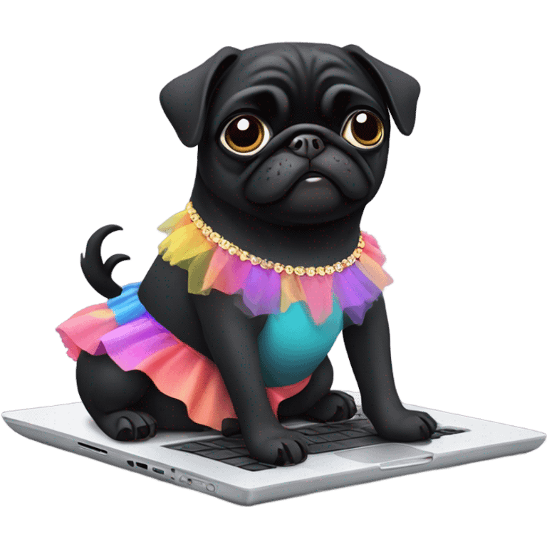 Black pug using a laptop while wearing a tutu dress emoji