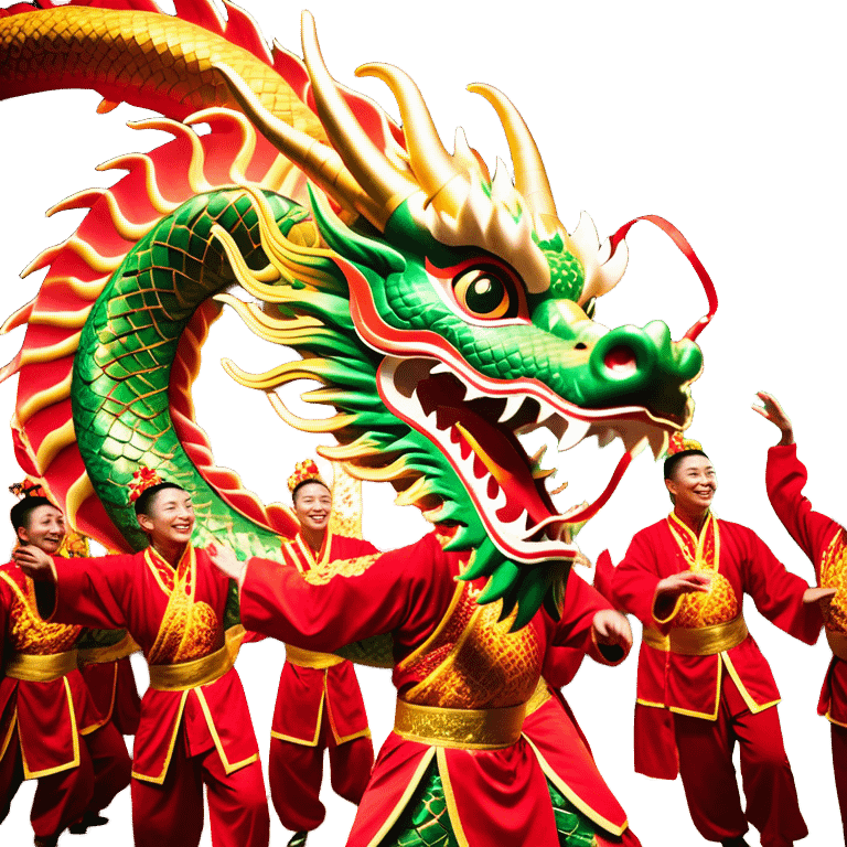 Cinematic Realistic scene of a Chinese Dragon Dance featuring performers energetically holding a vibrant dragon model aloft, with intricately detailed scales and dynamic flowing costumes, illuminated by festive red and gold lighting that captures the spirit of celebration. emoji