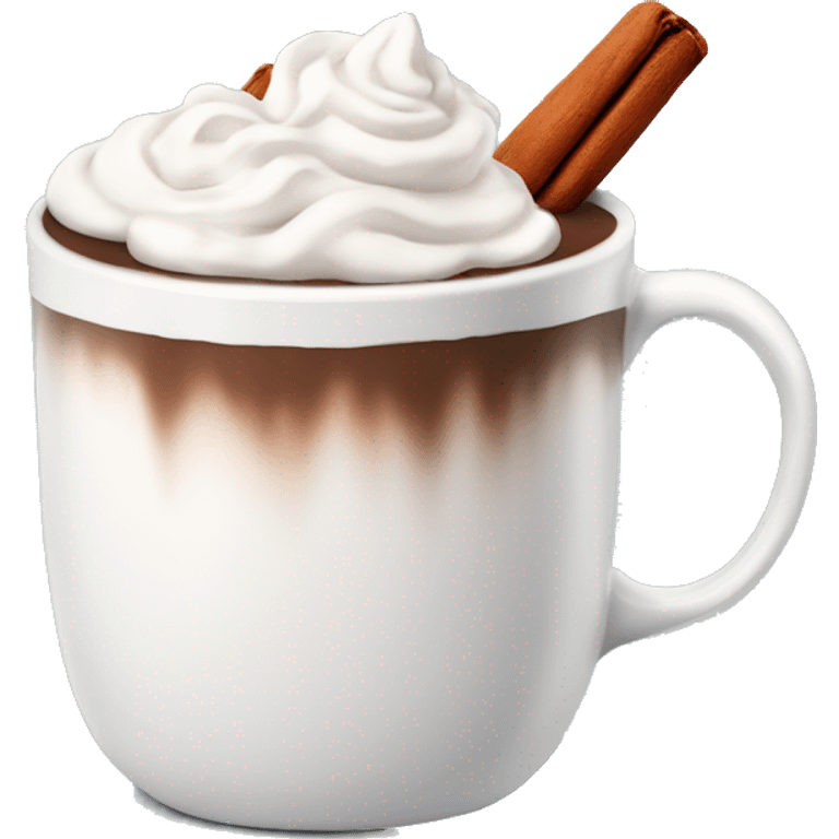 white mug of hot chocolate with whipped cream and cinnamon emoji