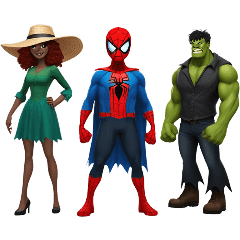 Spider-Man, Hulk, scarecrow, and wicked witch together emoji