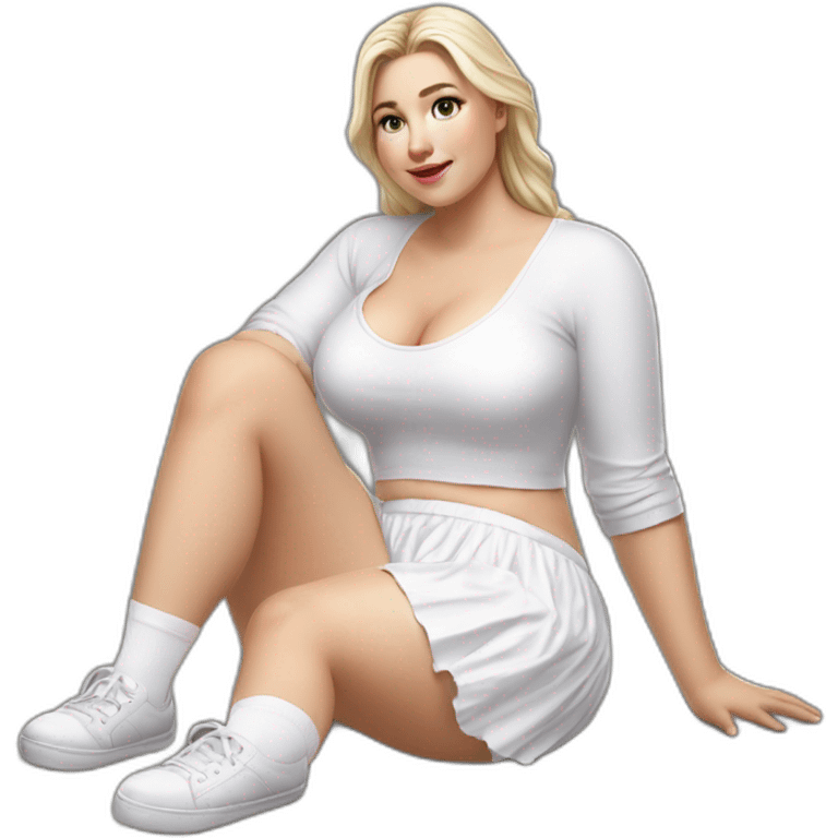 hyperrealistic-full-body-caucasian-curvy-beauty-sitting on the ground-small white-skirt-white knickers white socks emoji