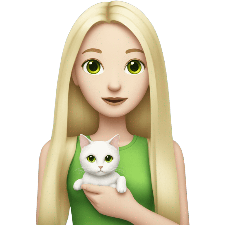 A pale girl with long blonde straight hair and green eyes holding a small white cat emoji