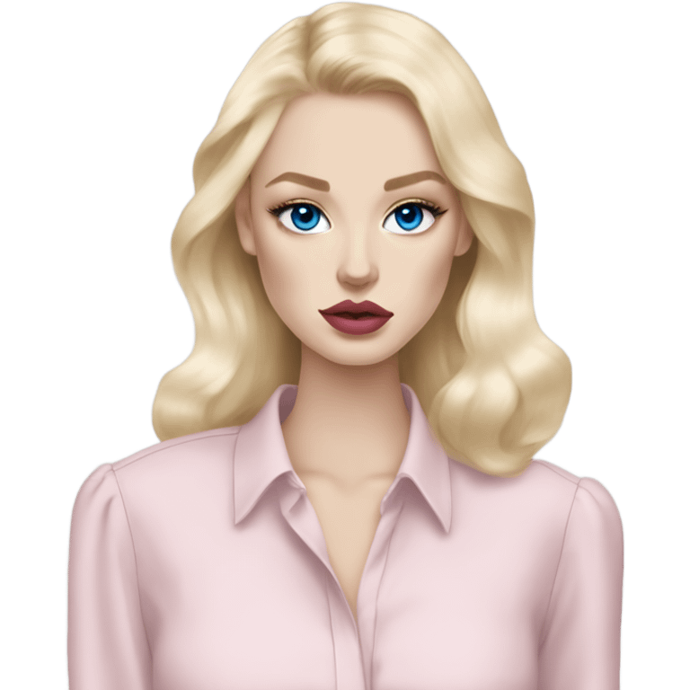 Hot girly pale blonde with blue eyes and light pink lips wearing YsL. Puffed sleeve shirt emoji