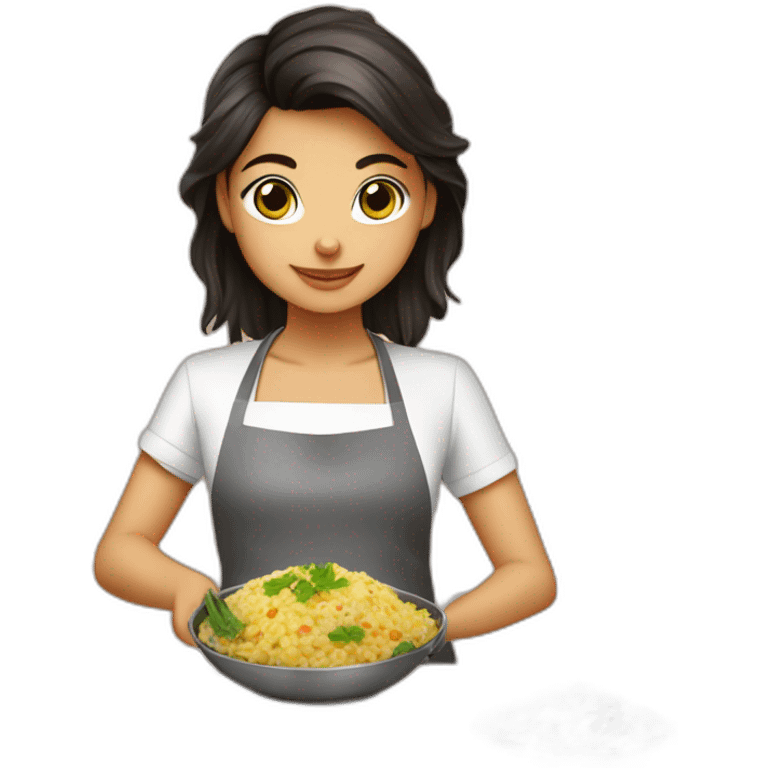 petite girl dark hair cooking risotto with norwich terrier emoji