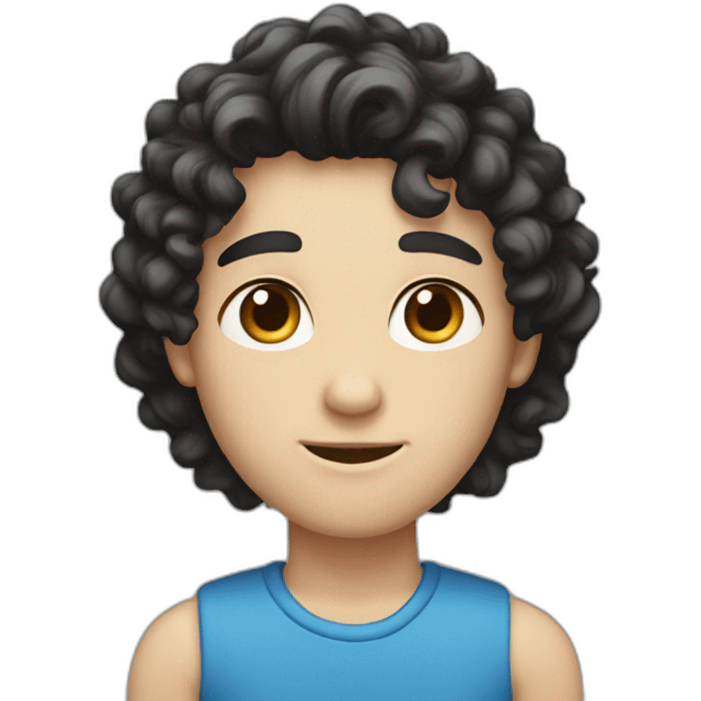 White skinny boy, curly medium long hair, black Eyes, black hair, blue skirt emoji