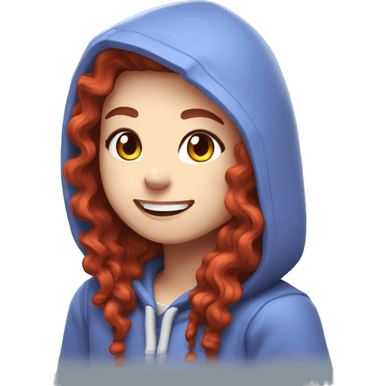 a white girl with long red curly hair, wearing periwinkle Minecraft hoodie playing a videogame smiling emoji