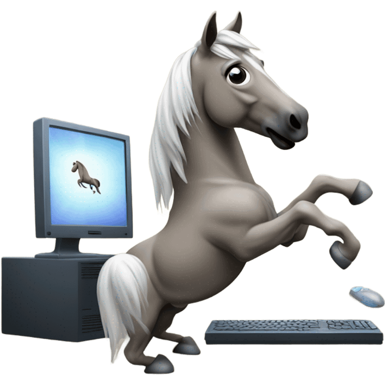 Horse making a wheelie with headset looking a monitor emoji