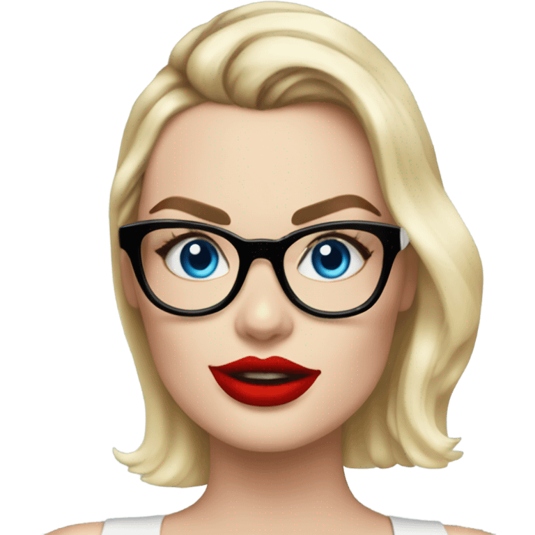  Margot Robbie, bright blue eyes and eyelashes, red kisses, wearing black glasses  emoji