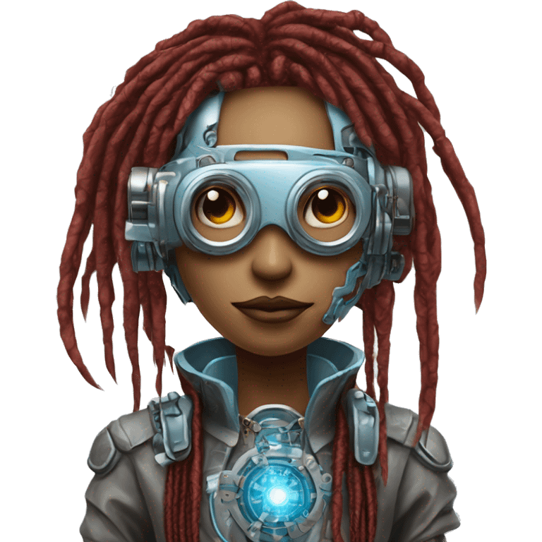 Light blue long dreadlocks female cyborg head with red steampunk goggles and circuits emoji