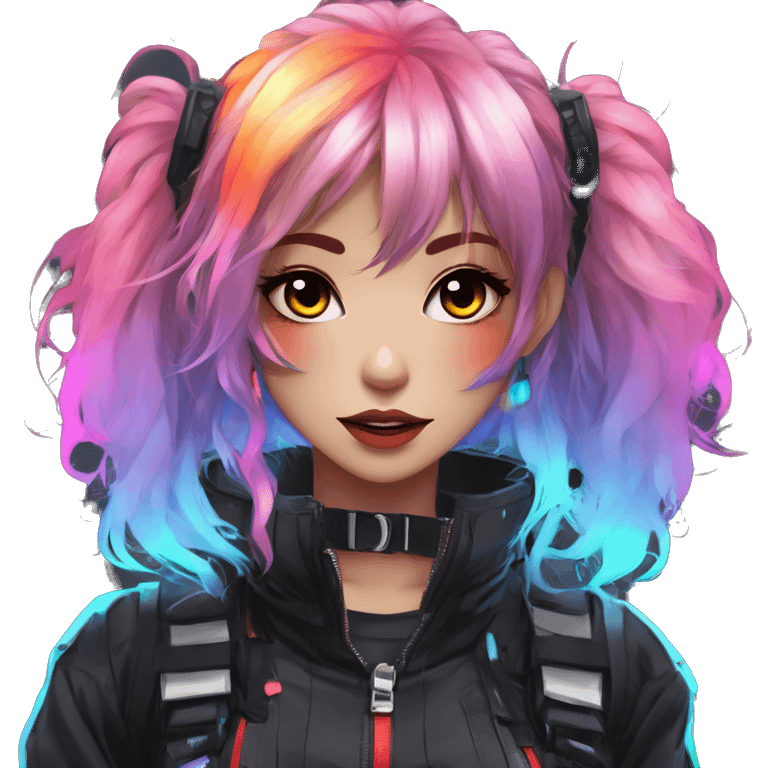 Gorgeous futuristic rainbow-glowing techwear anime style lady with blushing face aesthetic and pretty edgy black red punk messy wild cute hair with collar and harness trending style emoji