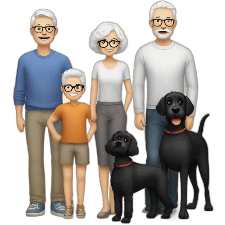 Family mother with glasses and short white hair, dad bolded with beard and moustaches, 3 boys with fair hair, 1 big black dog terrier, 1 dog soft weaten terrier, 1 dog small white poodle emoji