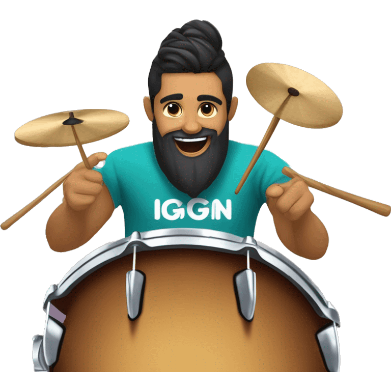 Illustrate a Brazilian drummer with tied hair and a beard, with an expression of pure happiness while playing drums in a live stream. Make sure the logo "GG Lukas Drummer" is in the background. emoji