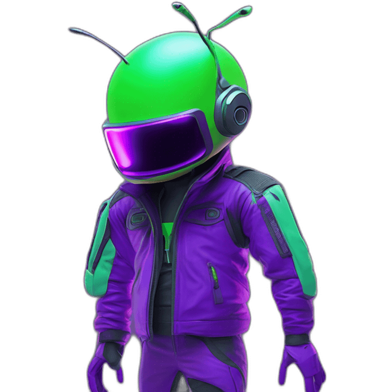 Ants 3D color lemon green and purple neon streetwear cybertech smart Futuristic cyber AR/VR point from him up doing a moonwalker emoji