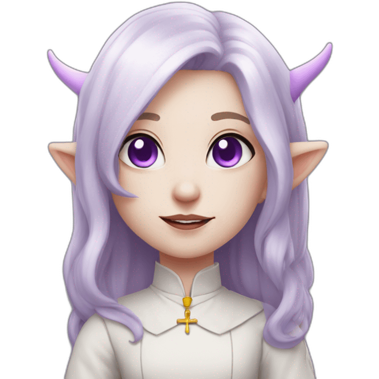 tiefling priest girl with pure white skin, pale lilac hair, light grey horns, purple eyes emoji