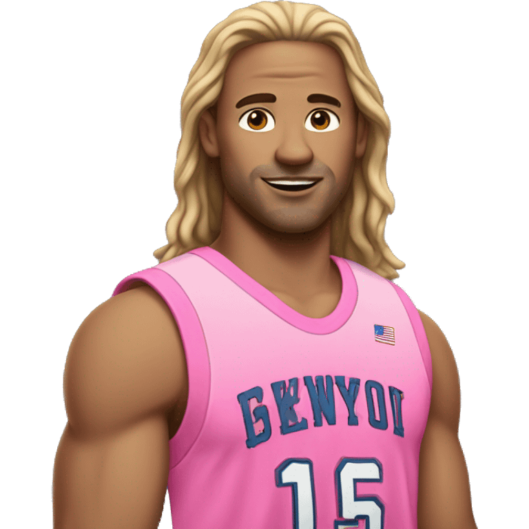 An emoji of an American man with white skin, slightly long hair, wearing a pink basketball outfit emoji