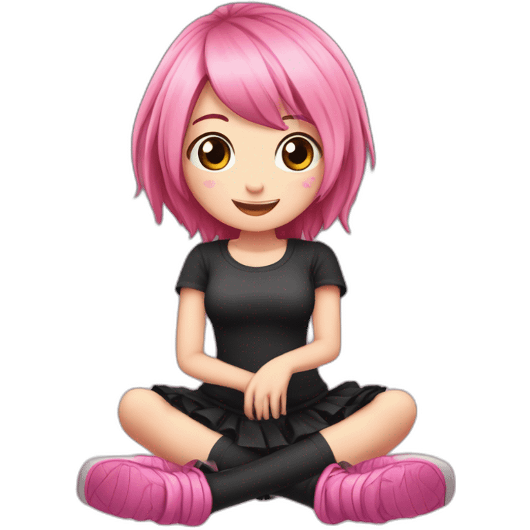 Full body Front view curvy emo girl pink hair sits on the floor straight view hands up black skirt белые трусики полосатые рваные чулки emoji