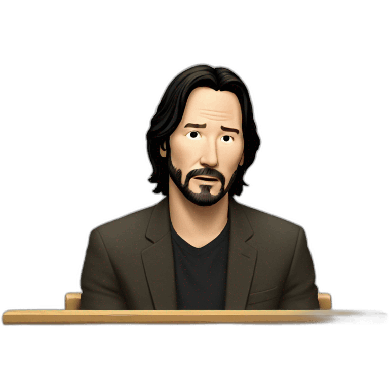 front bench with keanu reeves sitting at left corner looking at the ground sadly emoji