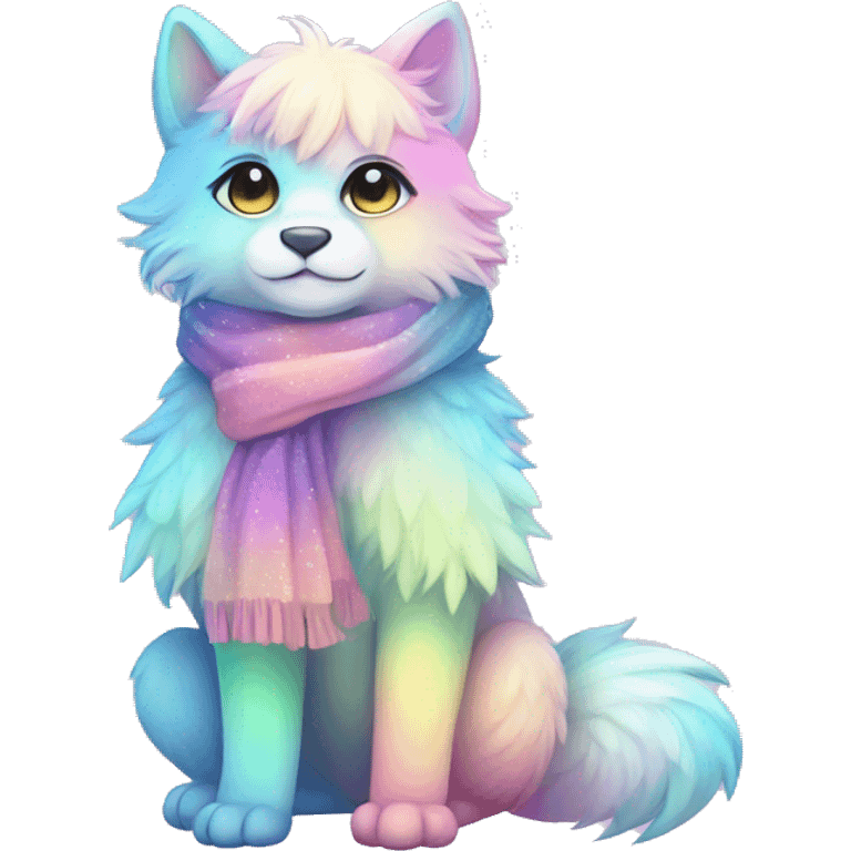 Edgy Kawaii cute cool gorgeous colorful sparkly bright light pastel gradient fantasy ethereal fluffy fursona animal creature with a cute scarf full body emoji