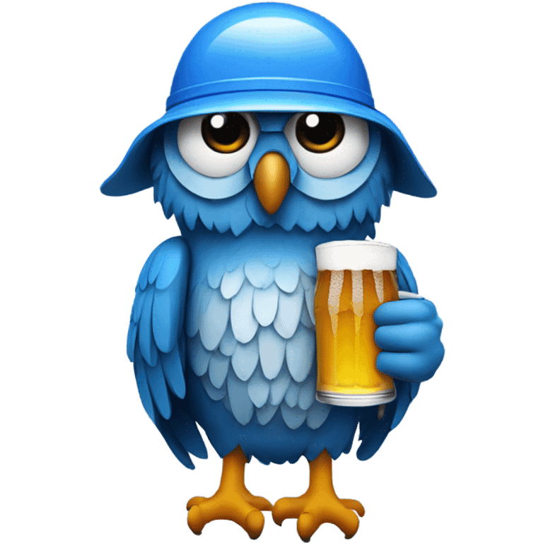 Blue owl wearing a helmet that has drinking straws on the sides to hold beer emoji