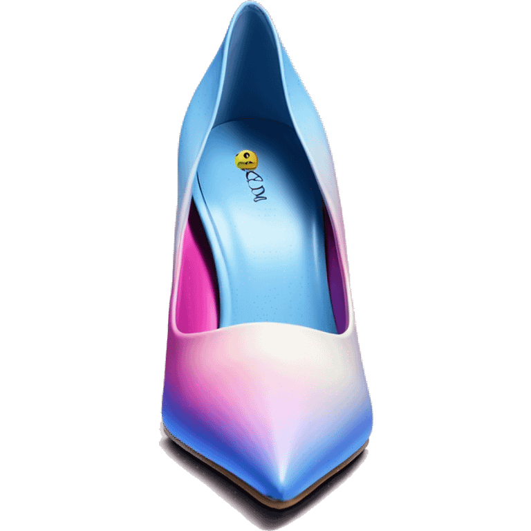 Hyper Realistic isolated top view of a pair of periwinkle,pastel blue,hot pink,and cream ombre pointed stiletto high heel shoes. emoji