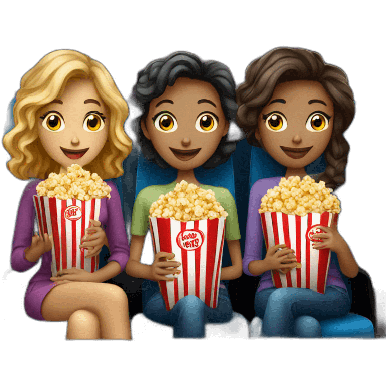 three beautiful ladies watching movie at the cinema eating popcorn, dark background emoji