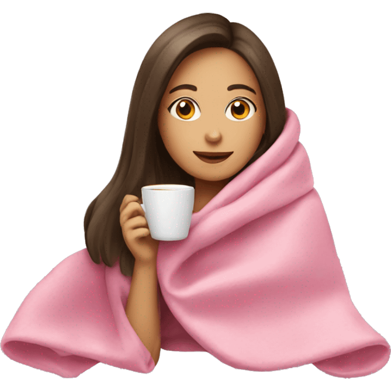 Brunette girl in pink blanket drinking coffee emoji