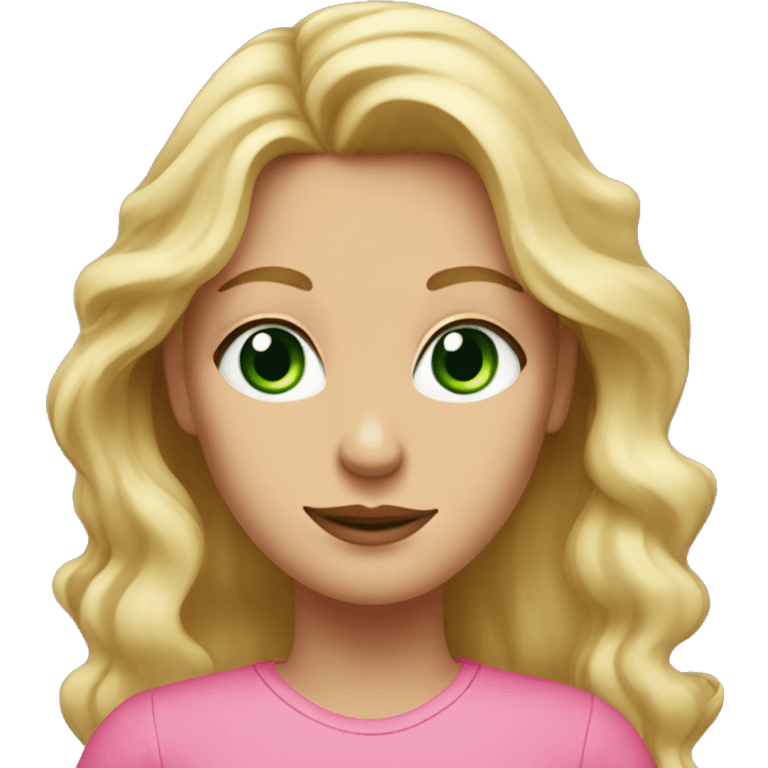 woman with green eyes and long wavy blonde hair in a pink shirt  emoji