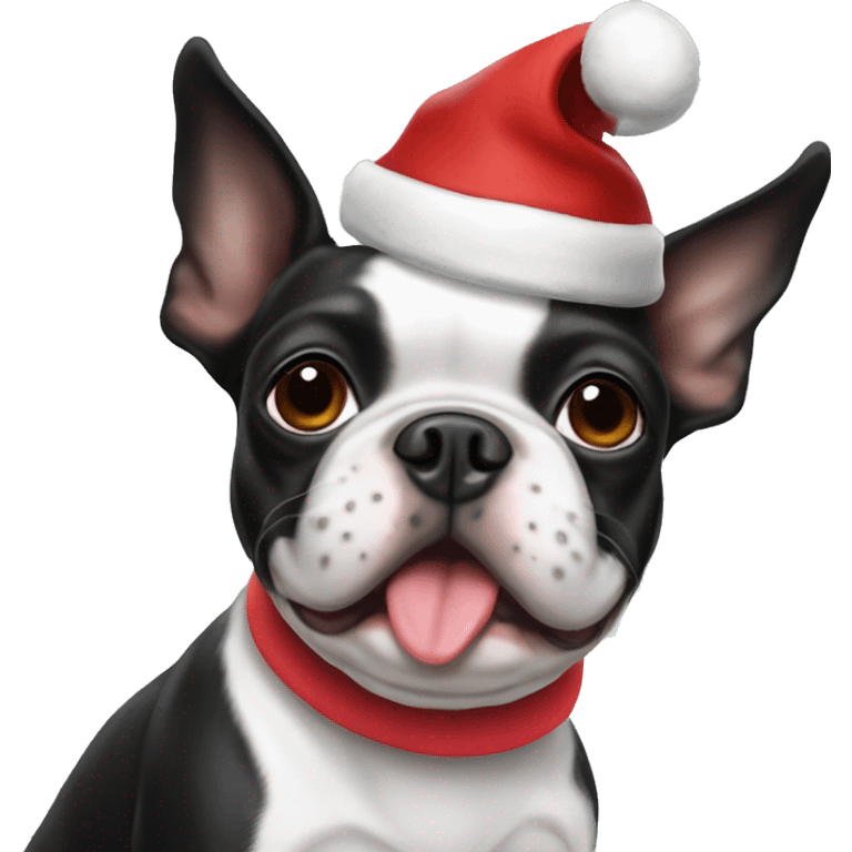 Boston terrier with a Christmas hat emoji