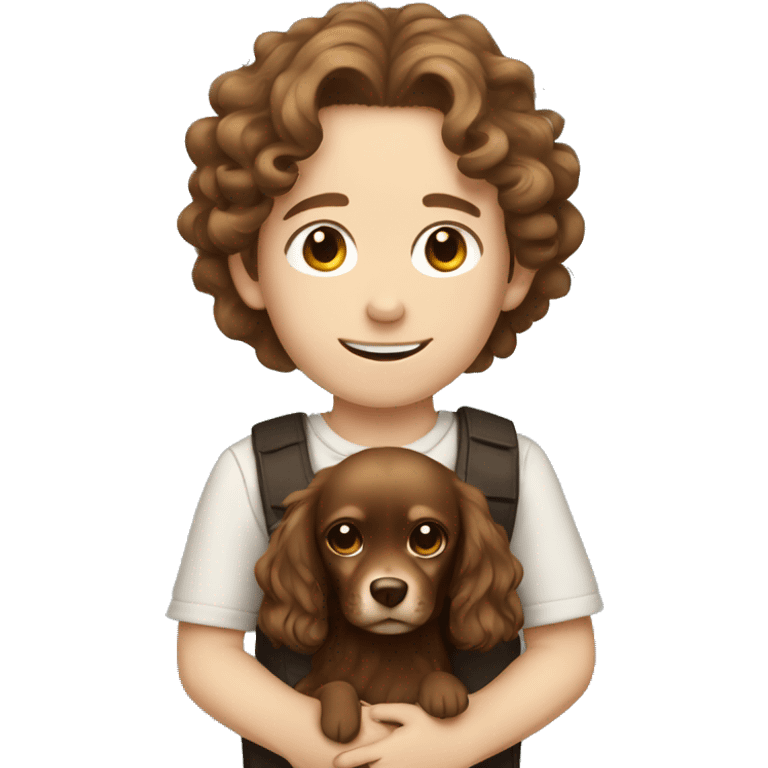 A boy with long brown curls and pale skin with his dark brown chiwawa emoji