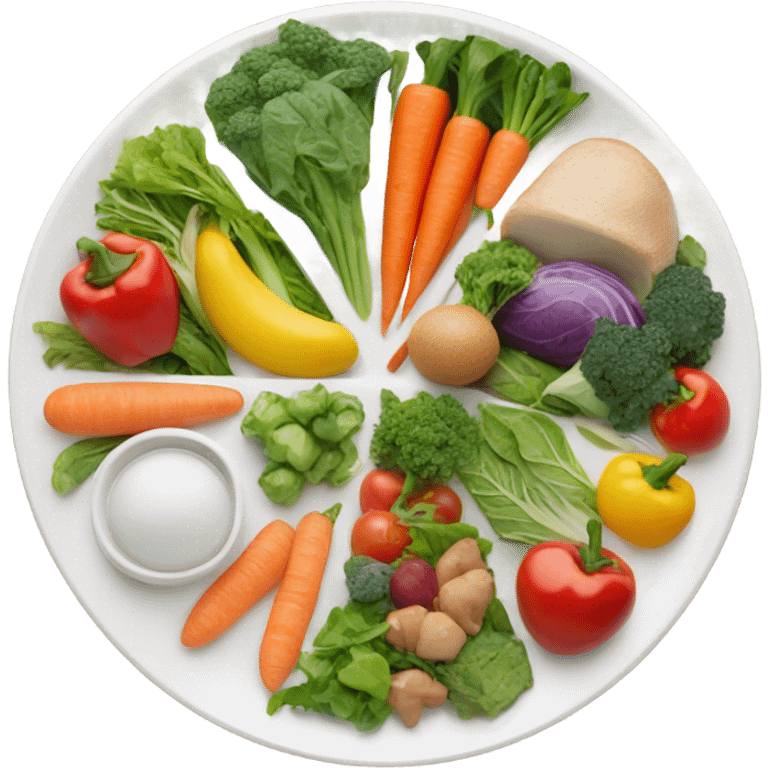 round white plate with healthy food emoji