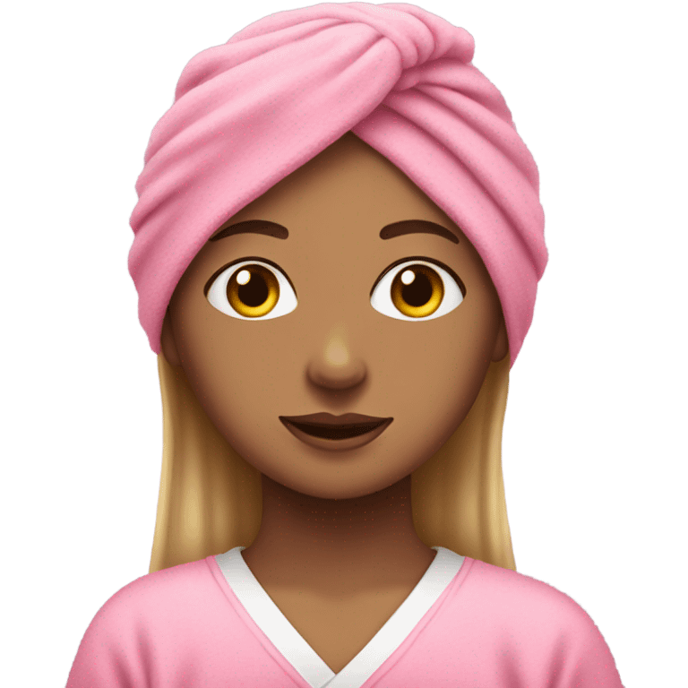 Girl with pink facemask and hair towel emoji