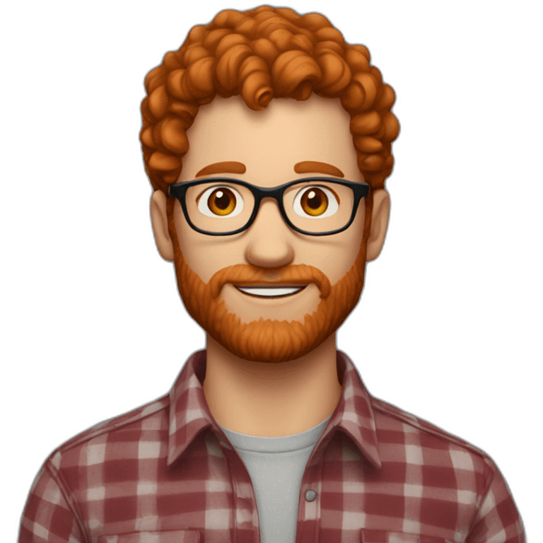 man. around 25. redhead. short curly hair. with beard and glasses. scarlet checked shirt emoji