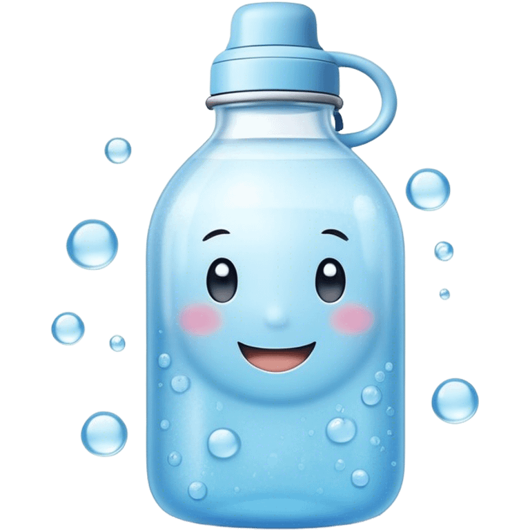 Cute Kawaii Water Bottle, round and bubbly, soft blue with tiny water droplets around, a happy smiling face, gentle glowing highlights, fresh and refreshing vibes! emoji