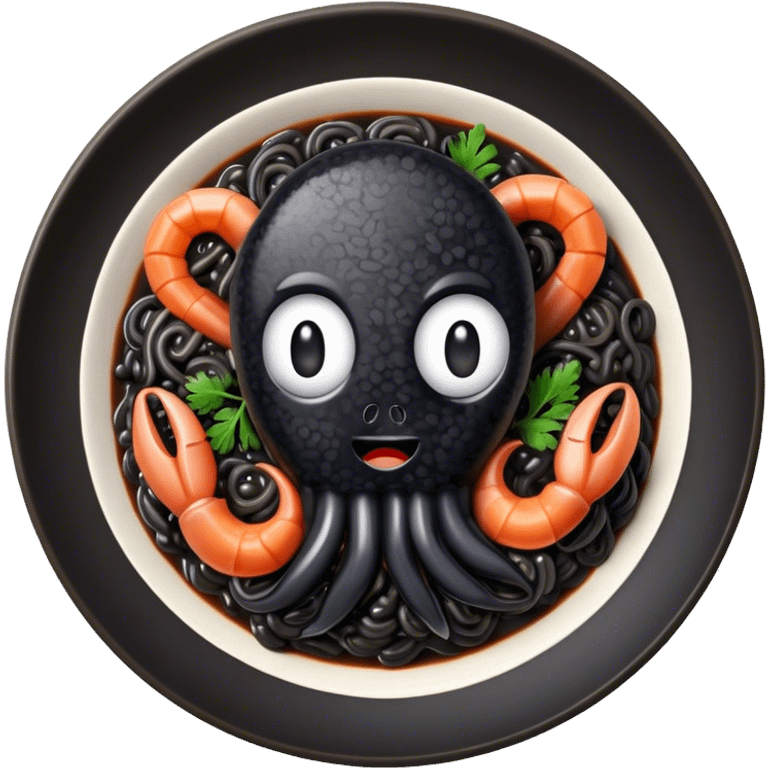 Cinematic Realistic Black Risotto Dish Emoji, showcasing a rich squid ink-infused risotto rendered with bold textures and dynamic, dramatic lighting. emoji