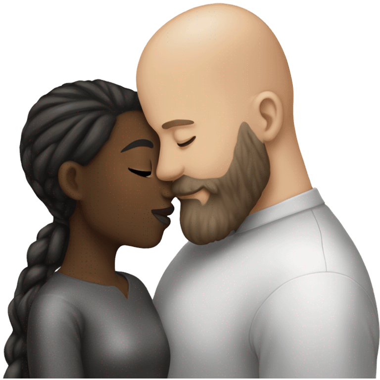 White girl brunette kissing black bald man with beard emoji