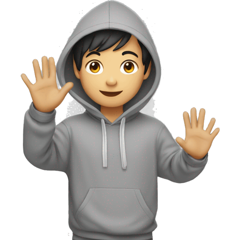 asian boy in grey hoodie waving at friends emoji