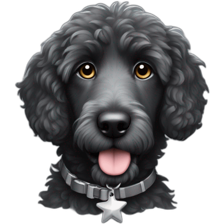 fully black aussie doodle with gray eyebrows and a silver star tag on his collar emoji