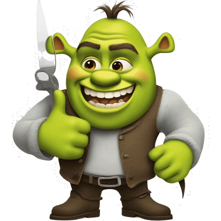 Shrek holding a thumbs up with scissors in his other hand emoji