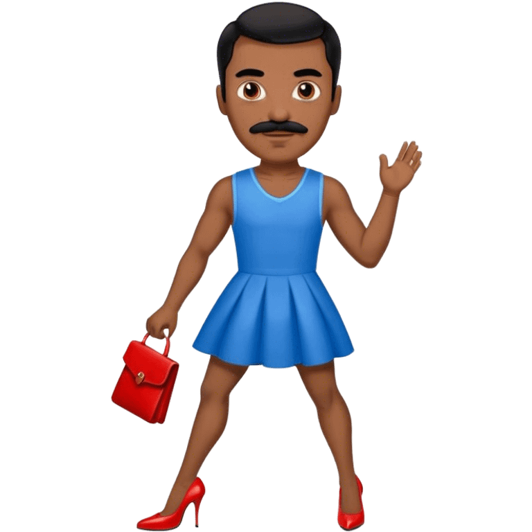 Man in a blue dress and red high heels with black hair and black mustache and brown skin emoji