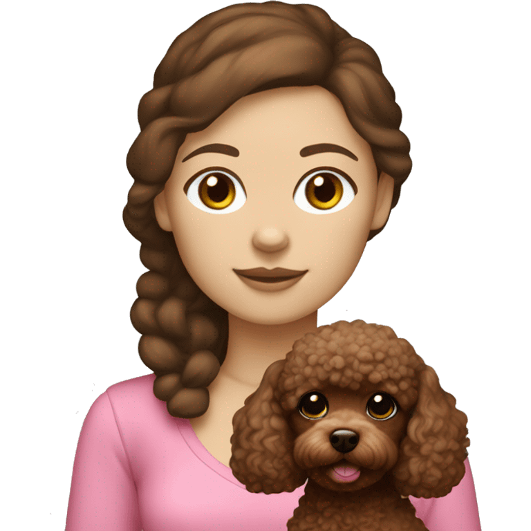 Create a girl with brown hair and white skin with en brown toy poodle  emoji