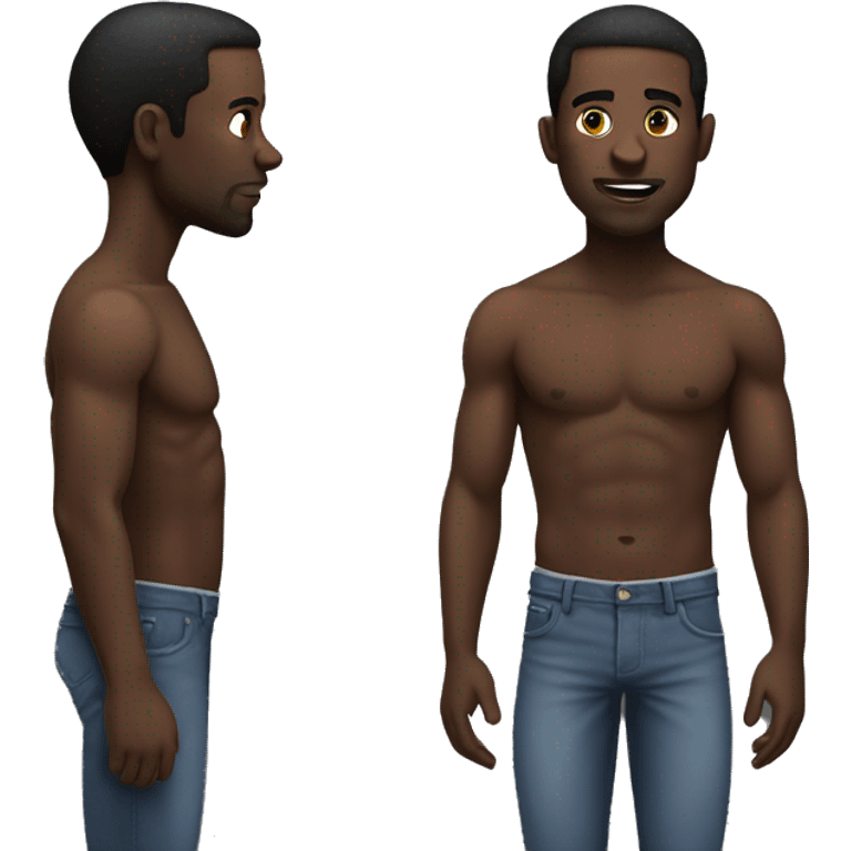 A black guy standing up with no shirt emoji