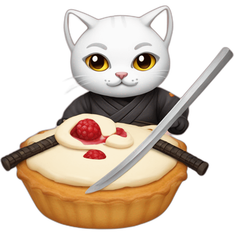 Ninja cat cuts pastry with  katana emoji