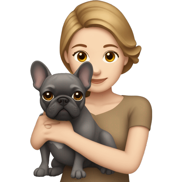 light brown hair woman hugging a dark gray french bulldog emoji