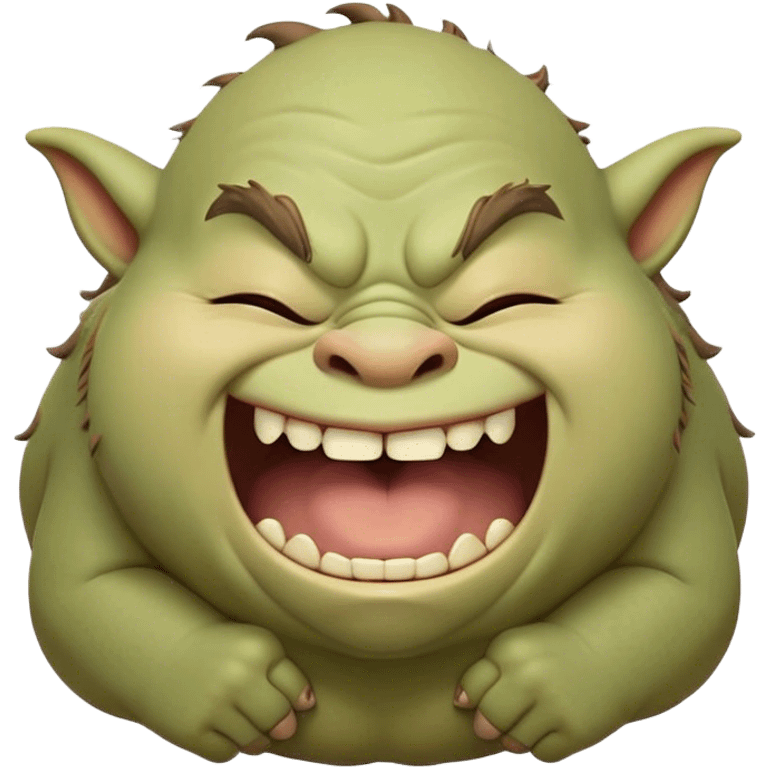 Cinematic Cute Yawning Ogre Portrait Emoji, with a surprisingly cuddly, rotund figure in soft earthy greens and browns, head tilted back in a big, gentle yawn exposing a set of comically oversized teeth, simplified yet irresistibly adorable, highly detailed with a soft glowing outline that captures the sleepy charm of a friendly ogre after a long day of gentle mischief! emoji