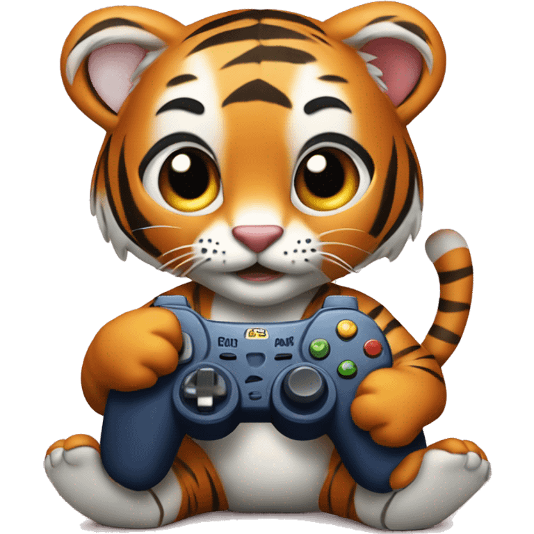 Cartoony baby tiger holding a gmeing controler emoji