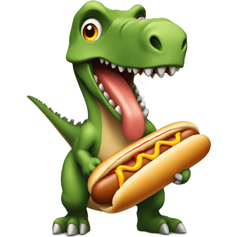 Dinosaur holding a hot dog with lots of mustard pnit emoji